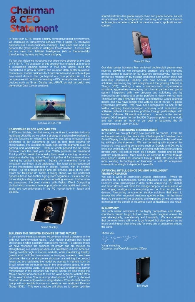 Chairman & CEO Statement: Lenovo Group 2017/2018 Annual Report