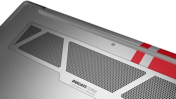 Lenovo Ducati 5 laptop -- detailed shot of the race-inspired vents on the bottom.