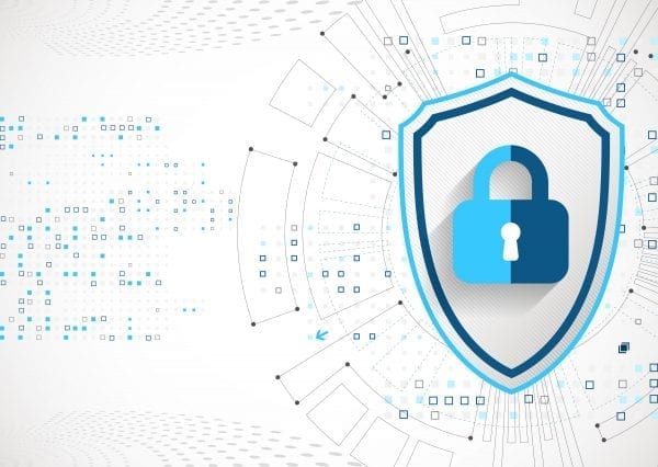Illustration showing representations of data as multicolored dots, protected by a blue padlock and shield.