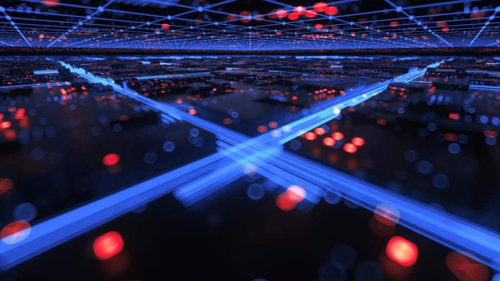 brand image - Connection network digitally generated glowing blue and red.