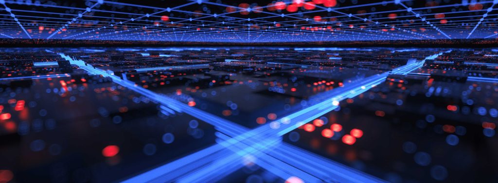 Beams of blue lights and red dots.
