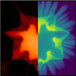 a glowing starshaped simulation coloured in red on the left, and green on the right. The temperature and density of a Direct Drive capsule from Dr Crilly's optimisation study.