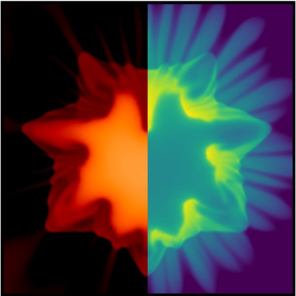 a glowing starshaped simulation coloured in red on the left, and green on the right. The temperature and density of a Direct Drive capsule from Dr Crilly's optimisation study.